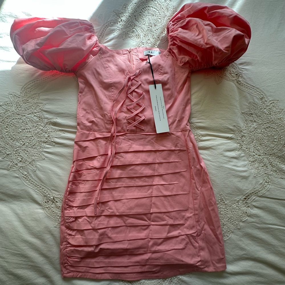 KAI Collective Babita Puffy Sleeve Pink Lace-up Dress, Small NWT